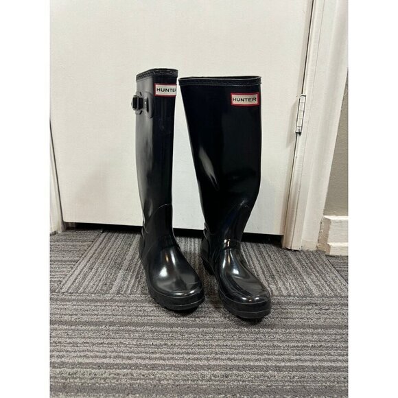 HUNTER BOOTS Woman’s Original Tall Back Adjustable Rain Boots BLACK Gloss - Picture 3 of 11